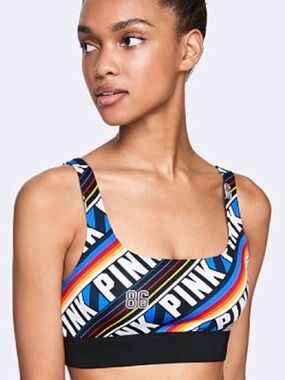 PINK Victoria's Secret Blue Rainbow Logo Sports Bikini Top